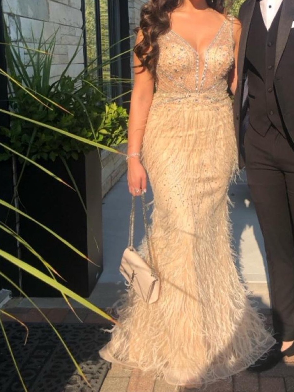 Jovani Cream Feather & Beaded Evening Gown - Picture 7 of 7